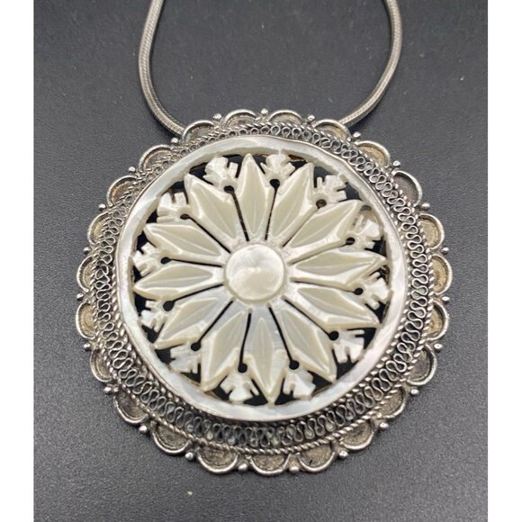 Unbranded Jewelry - Vtg 950 Sterling Silver MOP Brooch Pendant Necklace Intricate Jerusalem 18” 14g